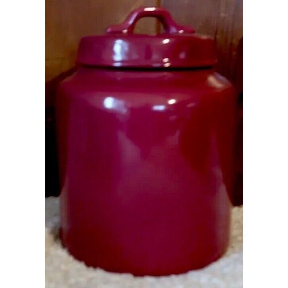 Rae Dunn Burgundy Ceramic "Cozy" Canister Cookie Jar With Lid - Picture 5 of 10